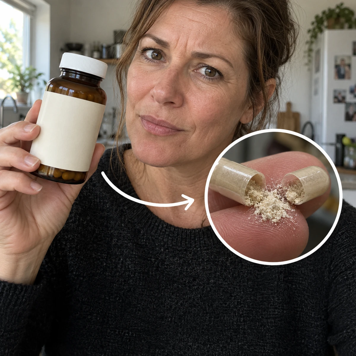 Illustrative creator holding an unbranded supplement bottle, with a capsule close-up